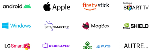 Icônes des appareils compatibles avec le service IPTV atlas pro : Android, iOS, Windows, Smart TV, Firestick, MAG Box.