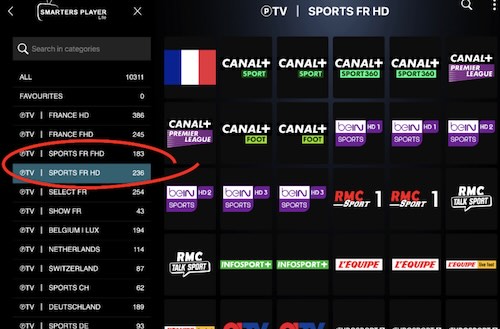 Application IPTV premium affichant des chaînes de sport françaises en HD.